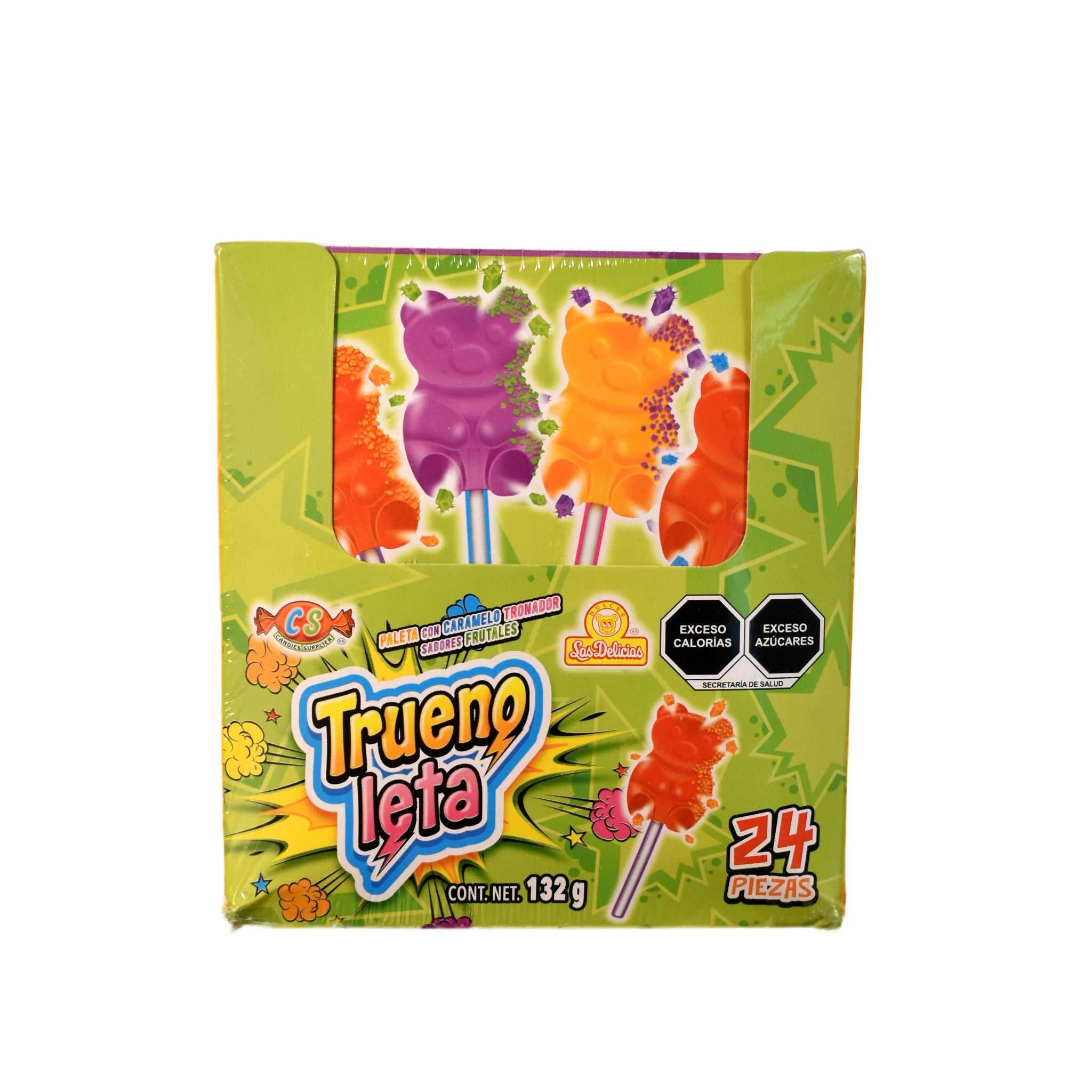 Trueno Leta Las Delicias – caja 24 piezas 132 g paleta con caramelo tronador sabor frutal