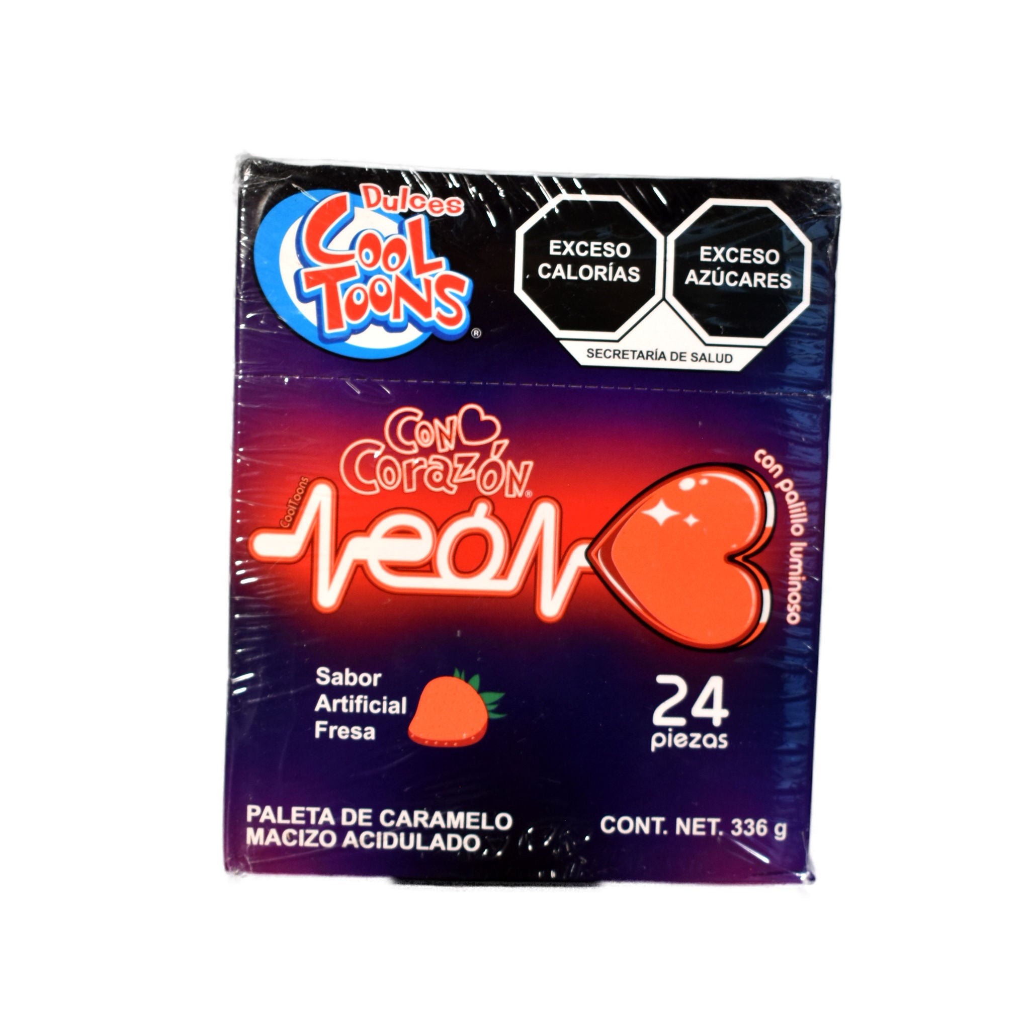 Paleta Con Corazón Neón Cool Toons – Caja con 24 Paletas de 14g Cada Una