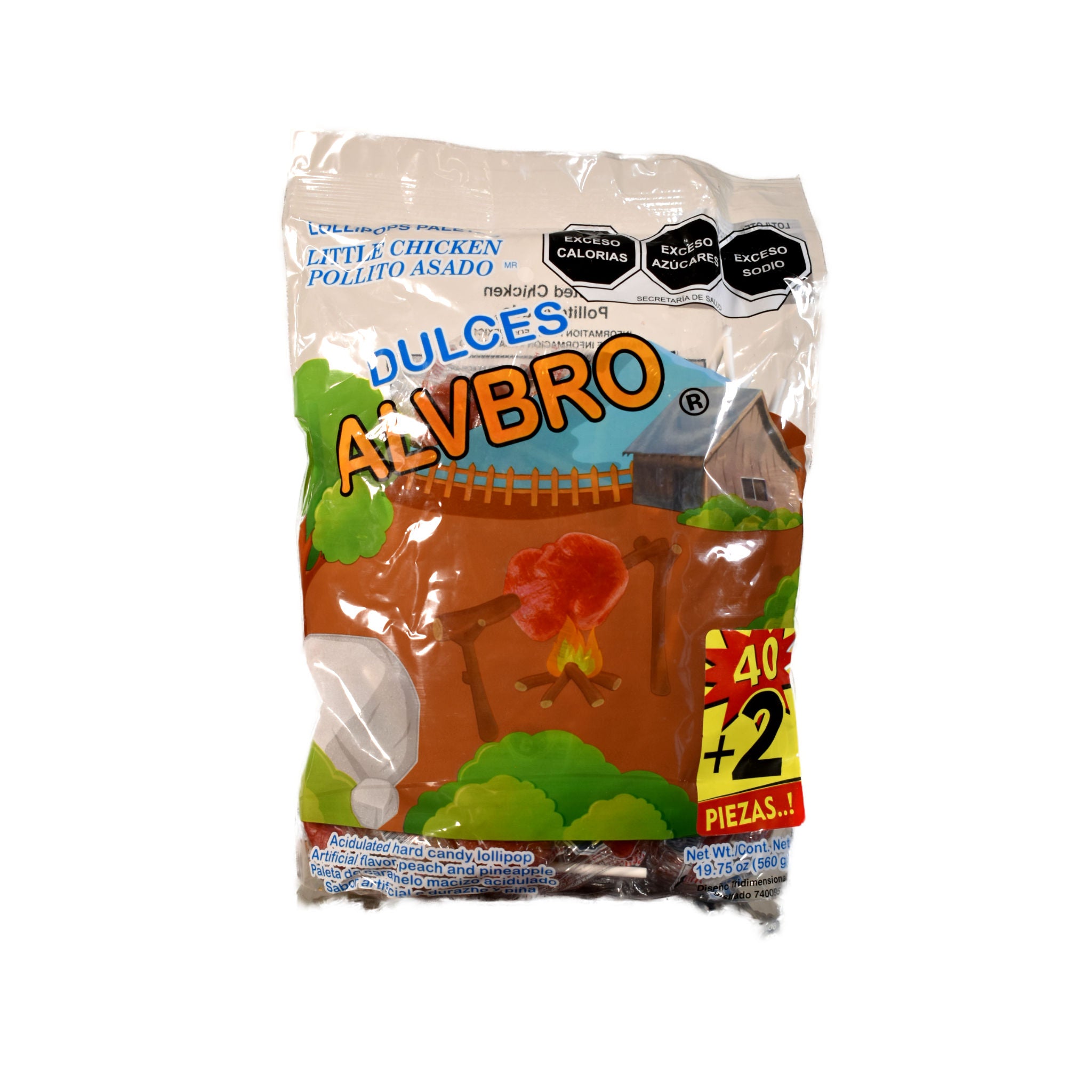 Paleta Pollito Asado Alvbro 400g – Bolsa con 40 Paletas de Caramelo Macizo Sabor Durazno y Piña