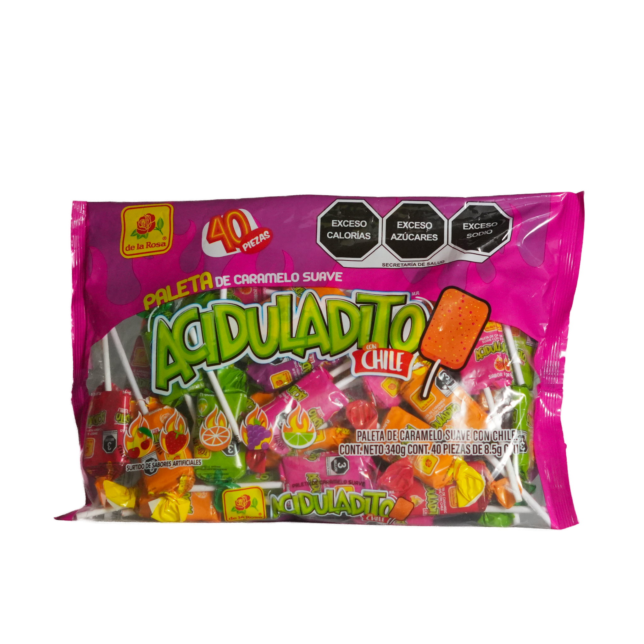 Paleta de Caramelo Aciduladito con Chile - De la Rosa - Bolsa de 100 Piezas de 5g c/u